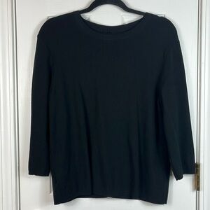 Black crew neck 3/4 length sleeves bust 20”. 65% viscose, 35% nylon